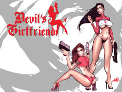 2006 2girls ass big_ass big_breasts breasts duo female female_only gun high_heels nipple_bulge original original_character panties underboob