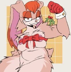 5_fingers aaaaaron122 absurd_res anthro areola areola_slip bedroom_eyes big_breasts biped bottomless bottomless_anthro bottomless_female bow_ribbon breasts christmas clothed clothing colored eyelashes female fingers freckled_face freckles front_view fur genitals gloves hair half-closed_eyes handwear hi_res holidays holly_(plant) humanoid_genitalia humanoid_hands humanoid_vulva lagomorph legwear leporid long_eyelashes looking_at_viewer mammal mature_anthro mature_female narrowed_eyes orange_eyes orange_hair plant rabbit red_bow red_clothing red_gloves red_handwear ribbon_only scut_tail seductive sega short_tail simple_background smile smiling_at_viewer smirk smirking_at_viewer solo sonic_the_hedgehog_(series) tail tan_body tan_fur thigh_highs tuft vanilla_the_rabbit vulva werecreature werelagomorph wererabbit