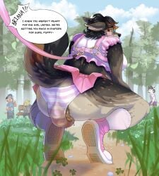 2026 absurd_res anthro ballcap bench body_harness bottomwear breasts bri_(kalash) canid canine canis character_request clothed clothing cloud coyote crouching day dirt_path ears_back embarrassed english_text eyebrows eyelashes eyewear feces feces_bulge feces_drip feces_stain female flower footwear fully_clothed fur glasses grass group hair harness hi_res leaking_feces leash looking_at_another looking_back male mammal markings offscreen_character outside panties park park_bench pattern_bottomwear pattern_clothing pattern_panties pattern_underwear pivoted_ears plant pointy_ears prick_ears raised_tail rear_view rexxypawz scat shocked shoes sitting sky soiled_panties soiling solo_focus species_request stained_panties standing striped_bottomwear striped_clothing striped_panties striped_underwear stripes surprised tail text tiptoes tree underwear upskirt whisker_markings