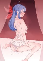 1girls artist_request blush blush cute_face fatal_fury fatal_fury:_city_of_the_wolves female female garou:_mark_of_the_wolves hotaru_futaba king_of_fighters kof looking_at_viewer looking_back on_bed on_knees ribbon ribbon_in_hair ribbons solo solo_female sweat sweatdrop sweating swimsuit tagme twintails