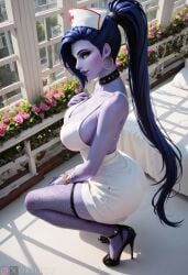 1girls ai_generated amelie_lacroix big_breasts breast female female_only fishnet_thighhighs long_hair nurse nurse_dress overwatch overwatch_2 oxtonai purple_hair purple_skin widowmaker