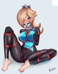 1girls ball_gag blonde_hair blue_eyes blush bodysuit bondage bound crown gag gagged leaking leaking_pussy mario_(series) mario_and_sonic_at_the_olympic_games nintendo one_eye_obstructed princess_rosalina pussy_juice restrained rope rope_bondage skin_tight solo sufawest tied tied_up tight_clothing wetsuit