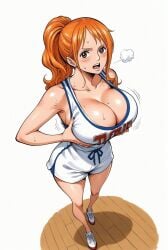 ai_generated alluring almost_naked almost_nude basketball basketball_shorts basketball_uniform big_breasts blush breasts brown_eyes female female_only long_hair looking_at_viewer nami nami_(one_piece) one_piece orange_hair ponytail post-timeskip seducing seduction seductive seductive_body seductive_eyes seductive_gaze seductive_look seductive_mouth seductive_pose shiny_hair shiny_skin sweat sweatdrop sweating sweaty sweaty_body voluptuous voluptuous_female yashin