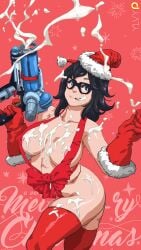 ass big_breasts biting_lip breasts christmas glasses gloves mei_(overwatch) nipple_peek overwatch overwatch_2 revealing_clothes santa_hat stockings suggestive suggestive_fluid thick_thighs thighhighs ylvish_(ylvy)