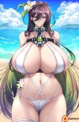 arms_behind_back barely_contained beach belly_button bikini black_hair cameltoe flower flower_in_hair goddess_of_victory:_nikke green_hair guilty_(nikke) guilty_(wave_of_disbelief)_(nikke) haganef hi_res highres huge_breasts large_breasts long_hair massive_breasts ocean purple_eyes restrained smile smiling straps swimsuit thick_thighs thighs