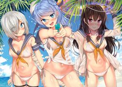 10s 3girls beach bikini black_hair blue_eyes blue_hair blue_skirt blush breasts cloud cowboy_shot day double_bun eyes_visible_through_hair hair_ornament hair_ribbon hairclip hamakaze_(kantai_collection) highres innertube isokaze_(kantai_collection) kantai_collection kawai_(purplrpouni) long_hair long_sleeves looking_at_viewer medium_breasts multiple_girls navel neckerchief open_clothes outdoors palm_tree red_eyes red_ribbon ribbon school_uniform see-through serafuku shiny shiny_skin shirt short_hair side-tie_bikini_bottom silver_hair skirt sky smile swimsuit tagme tied_shirt tree tress_ribbon urakaze_(kantai_collection) water_gun wet wet_clothes white_bikini yellow_neckerchief