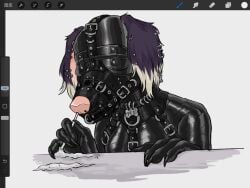 ambiguous_gender anthro art_program_in_frame blindfold bondage canid canine canis clothing cocaine collar digital_media_(artwork) domestic_dog drinking_straw drug_usage drugs ear_piercing ear_ring fur gloves handwear hi_res latex latex_clothing leather leather_clothing mammal muzzle_(object) muzzled piercing pink_nose procreate_(artwork) purple_body purple_fur ring_piercing simple_background snorting_drugs solo submissive uselesspuppy white_background white_body white_fur