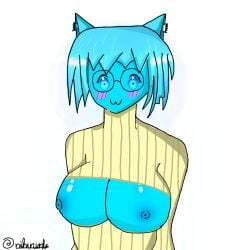 blush breasts_out cat_ears catgirl cryo_(cube_combination) cyan_body cyan_hair elemental embarrassed embarrassed_nude_exposure large_breasts lifting_shirt nihuruarts roblox shirt_lift shirt_up tits_out