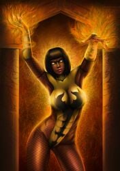 armpits arms_up big_breasts bob_cut fire fishnets glowing_eyes hips leotard looking_at_viewer mortal_kombat muscular_female smile solo standing tanya_(mortal_kombat) thick_thighs