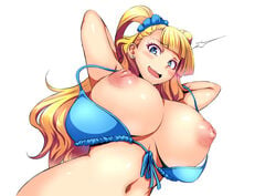 1girls :d areolae arms_behind_head arms_up bangs bikini_top blonde_hair blue_bikini_top blue_eyes blunt_bangs blush breasts breasts_out earrings eyebrows_visible_through_hair front-tie_bikini front-tie_top galko gyaru hair_ornament hair_scrunchie huge_breasts itachou jewelry long_hair looking_at_viewer looking_down navel nervous_smile nipples open_mouth oshiete!_galko-chan puffy_nipples raised_eyebrows scrunchie smile solo stomach stud_earrings sweat two_side_up wardrobe_malfunction wavy_hair