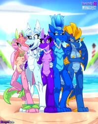 absurd_res anthro aquatic_dragon areola beach blitz_(iestraig) blue_areola blue_body blue_eyes blue_fur blue_hair blue_nipples blue_pussy blue_tongue blush breasts chest_tuft digital_drawing_(artwork) digital_media_(artwork) dragon female flower frostine_(iestraig) fur gem genitals group hair hi_res horn ice ice_hair jewelry looking_at_viewer lustragon marine mythological_creature mythological_scalie mythology necklace nipples nude nude_beach open_mouth pearl_(gem) pink_body plant purple_areola purple_eyes purple_nipples purple_pussy pussy red_areola red_hair red_nipples red_pussy rose_(flower) rose_(iestraig) sand scales scalie sea smile tail tongue tuft violet_(iestraig) water wave_(iestragon) wings yellow_eyes yellow_nipples yellow_pussy