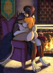 animal_genitalia animal_penis anthro armchair ass balls big_butt bovid breasts brown_body brown_fur canid canine canine_genitalia canine_penis caprine chair closed_eyes detailed_background digitigrade female fireplace fluffy fluffy_tail from_front_position fur furniture genitals goatykai grabbing_hips hi_res horn kissing knot long_tail lotus_position male male/female mammal multicolored_body multicolored_fur orange_body orange_fur penetration penile penile_penetration penis sex sitting star_tattoo tail tattoo white_body white_fur