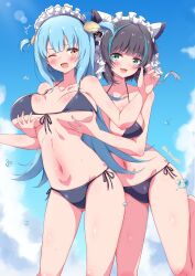 2girls absurd_res absurdres azur_lane bare_armpits bare_arms bare_belly bare_chest bare_hands bare_hips bare_knees bare_legs bare_midriff bare_navel bare_shoulders bare_skin bare_thighs bare_torso belly belly_button bikini bikini_bottom bikini_only bikini_top black_bikini black_bikini_bottom black_bikini_only black_bikini_top black_hair black_hair_female black_string_bikini black_swimsuit black_swimwear blue_background blue_eyebrows blue_eyes blue_eyes_female blue_hair blue_hair_female blue_sky blush blush_lines blushing_female breasts cheshire_(azur_lane) cleavage clouds collarbone day daylight daytime dot_nose eggman_(pixiv28975023) elbows embarrassed embarrassed_female eyebrows_visible_through_hair female female_focus female_only fingernails fingers groin half_naked head_tilt high_resolution highres hourglass_figure knees large_breasts legs light-skinned_female light_skin long_hair maid_headdress medium_hair multiple_females multiple_girls navel neptune_(azur_lane) open_mouth open_mouth_smile outdoor outdoors outside parted_lips pussy royal_navy_(azur_lane) short_hair shoulders side-tie_bikini sideboob simple_background sky slender_body slender_waist slim_girl slim_waist smile smiling standing string_bikini swimsuit swimwear thick_thighs thighs thin_waist tilted_head tongue underboob upper_body v-line wide_hips yellow_eyes yellow_eyes_female yuri