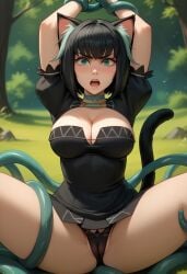 1girls ai_generated angry arms_above_head arms_up black_dress black_hair black_panties black_thighhighs bob_cut cameltoe cat_ears cat_tail catgirl choker civitai cleavage cleavage_cutout cleft_of_venus detached_sleeves female forest fur_trim green_choker green_eyes imminent_rape isekai_shikkaku large_breasts legs_apart legs_spread light_green_hair_streaks looking_at_viewer matilda_(isekai_shikkaku) open_mouth outdoors panties puffy_short_sleeves restrained restrained_by_tentacles short_hair solo_focus streaked_hair tama_(isekai_shikkaku) tentacle tentacles_around_arms tentacles_around_legs wrist_cuffs