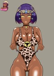 1girl big_breasts bimbo blue_hair chaos_badour_(grimms_notes) cowprint cowprint_bikini dark-skinned_female dark_skin grimms_notes psychoheaven purple_hair short_hair solo tan tanned yellow_eyes