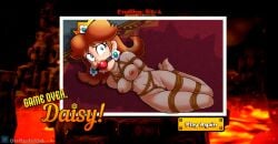 auburn_hair bound bowser breasts breasts_out captured carpet crown earrings ending gag gagged gagged_female mario_(series) no_bra no_panties onmodel3d princess_daisy restrained restraints scared scared_expression scared_face screenshot shadow super_mario_bros. sweat sweatdrop sweating