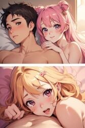 ai_generated anime_style blonde_hair boyfriend-girlfriend breasts cuddling cute cute_boy cute_girl cute_male female female_focus female_only nipples pink_hair solo solo_female