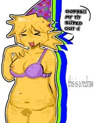 :( breasts chubby_belly embarrassed female female_focus female_only losergirl6 nervous_expression nipple_piercing party_hat poob_(regretevator) pubic_hair pussy_hair redraw regretevator roblox scars self_harm_scars simple_background text text_bubble vagina