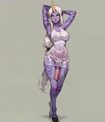 1girls ai_generated body_tattoo colored_skin futanari hooves horn horsecock horsecock_futanari horsehorse_penis jewelry large_breasts league_of_legends long_hair riot_games soraka tagme_(miashiro) white_dress yellow_eyes