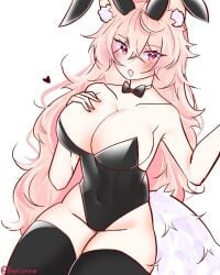 big_breasts blush bunnysuit pink_hair remiune slutty_outfit thick_thighs