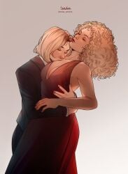 13th_doctor 2girls alex_kingston blonde_hair blonde_hair curly_hair doctor_who jodie_whittaker red_dress river_song short_hair suit tagme thirteenth_doctor yuri