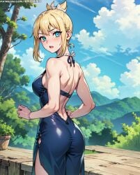 ai_generated ass back bangs bare_arms bare_shoulders blonde_hair blue_dress blue_eyes blue_sky blush breasts clothing cloud day dr._stone dr.stone dress female from_behind hair_bun halter_dress halterneck karmino kohaku_(dr.stone) large_breasts long_hair looking_at_viewer looking_back median_furrow medium_breasts mountain mountainous_horizon open_mouth outdoors ponytail short_hair shoulder_blades side_slit sideboob sidelocks single_hair_bun sky sleeveless sleeveless_dress solo standing sweatdrop thighs tied_hair tree