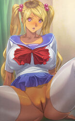 ass blonde_hair breasts censored curvy dark-skinned_female dark_skin female game_cg gyaru hair_ornament homare_(fool's_art) huge_ass large_breasts lipstick long_hair long_twintails looking_at_viewer makeup no_panties original purple_eyes pussy school_uniform serafuku shiny shiny_skin sitting skirt smile solo spread_legs twintails very_long_hair white_legwear