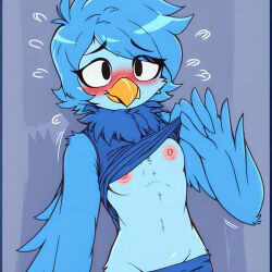 ai_generated avian beak blue_body blue_feathers blue_hair blue_shirt blue_wings blush blush breasts female female_only martlet_(undertale_yellow) pink_nipples shirt_lift shirt_pull sleeveless_shirt small_breasts solo undertale_yellow wings