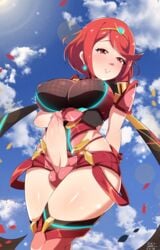 1futa 2018 ball_bulge balls balls_under_clothes breasts casual casual_erection casual_exposure casual_nudity erect_nipples erection exlic futa_only futanari horny huge_breasts intersex looking_at_viewer nintendo nipple_bulge penis penis_out pyra solo wide_hips xenoblade_(series) xenoblade_chronicles_2