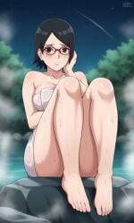 ai_generated barefoot bigmic145 black_eyes black_hair boruto:_naruto_next_generations breasts cleavage clothed clothed_female clothing feet female female_only foot_fetish glasses medium_breasts naked_towel naruto naruto_(series) sarada_uchiha shorts solo solo_female