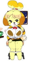 1girls 2022 2d animal_crossing anthro big_areola big_breasts big_nipples breasts breasts_out brown_nipples busty canine chair dark_nipples domestic_dog dream-cassette drink edit female female_only hoshime huge_areolae huge_breasts huge_nipples indoors isabelle_(animal_crossing) large_breasts looking_at_viewer mob_face nintendo nipples office_lady panties panties_down pussy sitting_on_chair solo thick_thighs thighs window