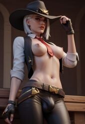 1futa ai_generated angel_light angel_light_(artist) ashe_(overwatch) breasts bulge dickgirl futanari nipples overwatch red_eyes white_hair