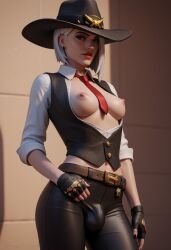 1futa ai_generated angel_light angel_light_(artist) ashe_(overwatch) breasts bulge dickgirl futanari nipples overwatch red_eyes white_hair