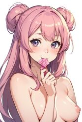 ai_generated anime_style breasts breasts condom condom_in_mouth female female female_focus female_only nipples pink_hair solo solo_female