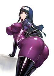 1girls ass black_hair bodysuit boots breasts curvy elbow_gloves erect_nipples female female_only gloves habit hips huge_ass kamori_sayaka large_breasts latex latex_gloves latex_suit long_hair nun original purple_bodysuit purple_eyes rindou_(radical_dream) shiny shiny_clothes shiny_suit simple_background skin_tight solo thick_thighs thigh_boots thighhighs thighs white_background wide_hips