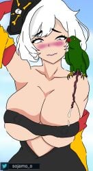 bestiality big_breasts bird cum_on_body cum_on_breasts naughty_face penis_in_breasts pirate pirate_hat sojamo suprised suprised_look zoophilia