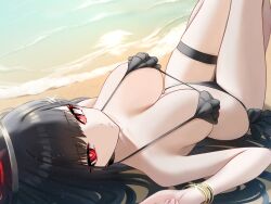 absurdres beach bikini black_bikini black_hair blue_archive breasts female halo highres knees_up large_breasts looking_at_viewer lying mijikayo millennium_science_school_student on_back outdoors red_eyes rio_(blue_archive) seminar_(blue_archive) solo string_bikini swimsuit thigh_strap