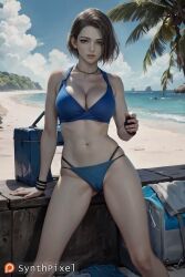 1girls ai_generated bag beach bikini blue_bikini bracelet breasts brown_eyes brown_hair cleavage cloud day detailed hi_res highres jill_valentine large_breasts looking_at_viewer navel necklace ocean outdoors palm_tree resident_evil resident_evil:_death_island short_hair sitting sky solo swimsuit synthpixel tree