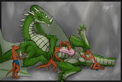 animal_genitalia clothing deep_throat dragon fellatio group group_sex horn knot kobold loincloth male oral orgy reptile scalie sex simple_background sirtroglodon size_difference swallowing_urine urine urine_in_mouth watersports