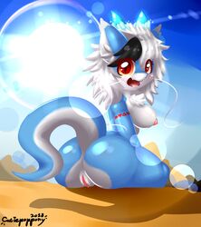 2018 animal_genitalia anthro ass big_breasts blush breasts cutiepoppony dragon female fur hair looking_at_viewer nipples nude open_mouth pussy rock shortstack simple_background smile solo stripes tongue tongue_out wolflong_(character)