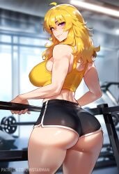 1girls abs ai_generated ass ass ass_focus back back_view bare_arms bare_legs bare_shoulders bare_thighs big_ass big_breasts big_butt blonde_hair blush clothed clothing color female female_focus female_only fit_female gym gym_clothes gym_uniform hi_res large_breasts light-skinned_female light_skin long_hair looking_at_viewer mistarman muscles muscular muscular_arms muscular_female muscular_legs muscular_thighs purple_eyes rwby solo solo_female sweat tagme thick_thighs yang_xiao_long