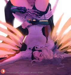 2d 2girls begging-for-mercy blizzard_entertainment blonde_hair blue_eyes cunnilingus eating exposed_pussy female female_only mechanical_wings mercy moira mostly_clothed multiple_girls overwatch ponytail pubic_hair pussy sharp_fingernails tongue upside-down yuri