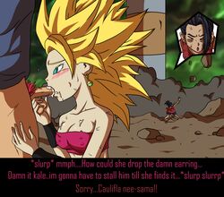 2girls blonde_hair breasts caulifla dragon_ball dragon_ball_super fellatio female green_eyes kale light-skinned_female light_skin long_hair male penis recreator2099 saiyan son_goku spiky_hair super_saiyan super_saiyan_2 super_saiyan_god tournament_of_power universe_6_saiyan/universe_7_saiyan