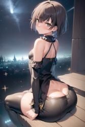ai_generated bare_shoulders big_ass black_clothing black_legwear blush blush butt_cleavage city_background femboy from_behind ledge looking_back male male_only night night_sky sitting thick_thighs thigh_highs thighhighs