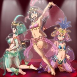 3girls anklet ass barefoot black_hair blue_eyes bracelet brown_hair dancer feet flat_chest jewelry long_hair multiple_girls navel see-through short_hair smile veil