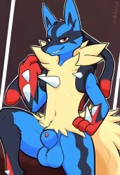 ai_generated lucario male male_only mega_evolution mega_lucario nai_diffusion novelai pokemon pokemon_(species) self_upload sheath smug tip_peeking weedvee420