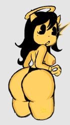 1girl 1girls alice_angel bangs bendy_and_the_ink_machine big_ass black_hair black_panties chamiku female_only horn horns long_hair looking_at_viewer looking_back mole panties surprised topless yellow_body