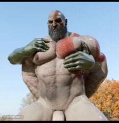 3d angry_face bald_man bara beard boob_grab god_of_war grabbing_breasts grabbing_pecs kratos male/male male_only manboobs mantits massive_pecs nude orc orc_dom orc_male orcsarc pec_grab pecjob pectorals