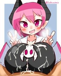 big_breasts breasts clothed_female_nude_male clothed_paizuri completely_nude completely_nude_male cum demon_girl demon_horns disgaea disgaea_3 gigantic_breasts huge_breasts large_breasts nippon_ichi_software paizuri paizuri_under_clothes raspberyl short_stack shortstack suiko_asrain