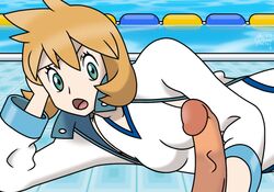 1boy 1girls 2018 artist_signature background breast_focus breasts cfnm circumcised circumcision_scar clothed clothed_female clothed_female_nude_male color colored colored_background couple detailed_background digital_media_(artwork) erect_penis erection exposed exposing exposure faceless_male female female_focus green_eyes gym_leader hair hips human human_only jacket kasumi_(pokemon) laying_on_side leaning_on_elbow long_sleeves looking_at_penis male medium_hair messy_hair misty_(pokemon) misty_(pokemon_hgss) mouth nintendo one-piece_swimsuit open_jacket open_mouth orange_hair penis penis_focus pokemon pokemon_hgss popped_collar presenting_penis public public_exposure public_nudity ragnar_oktopod raised_eyebrow shocked shocked_expression shocked_eyes short_hair small_breasts source_request surprised swimming_pool tile_floor tongue vein video_games white_jacket white_swimsuit